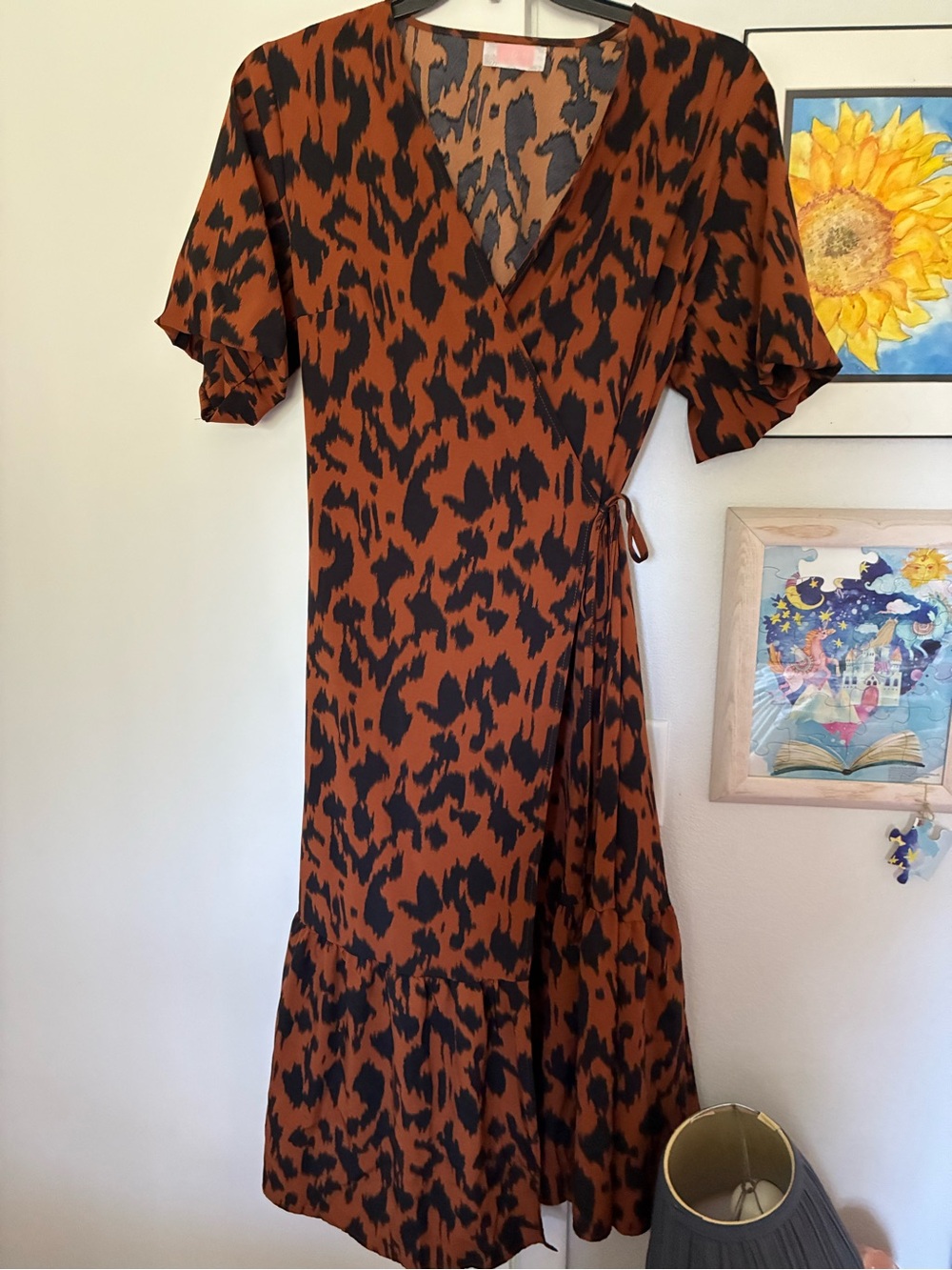 Brown and Black Leopard Print Wrap Dress